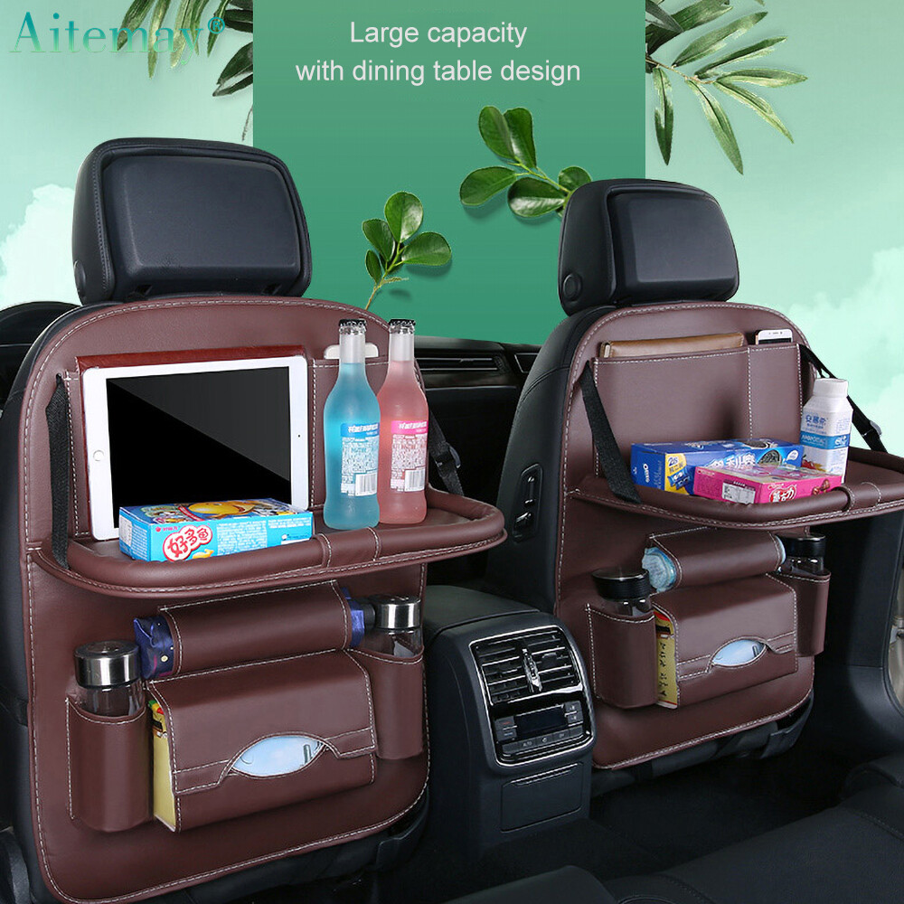 Aitemay Pu Leather Pad Bag Car Seat Back Organizer Foldable Table Tray Travel Storage Bag Foldable Dining Table Car Seat Storage Bag