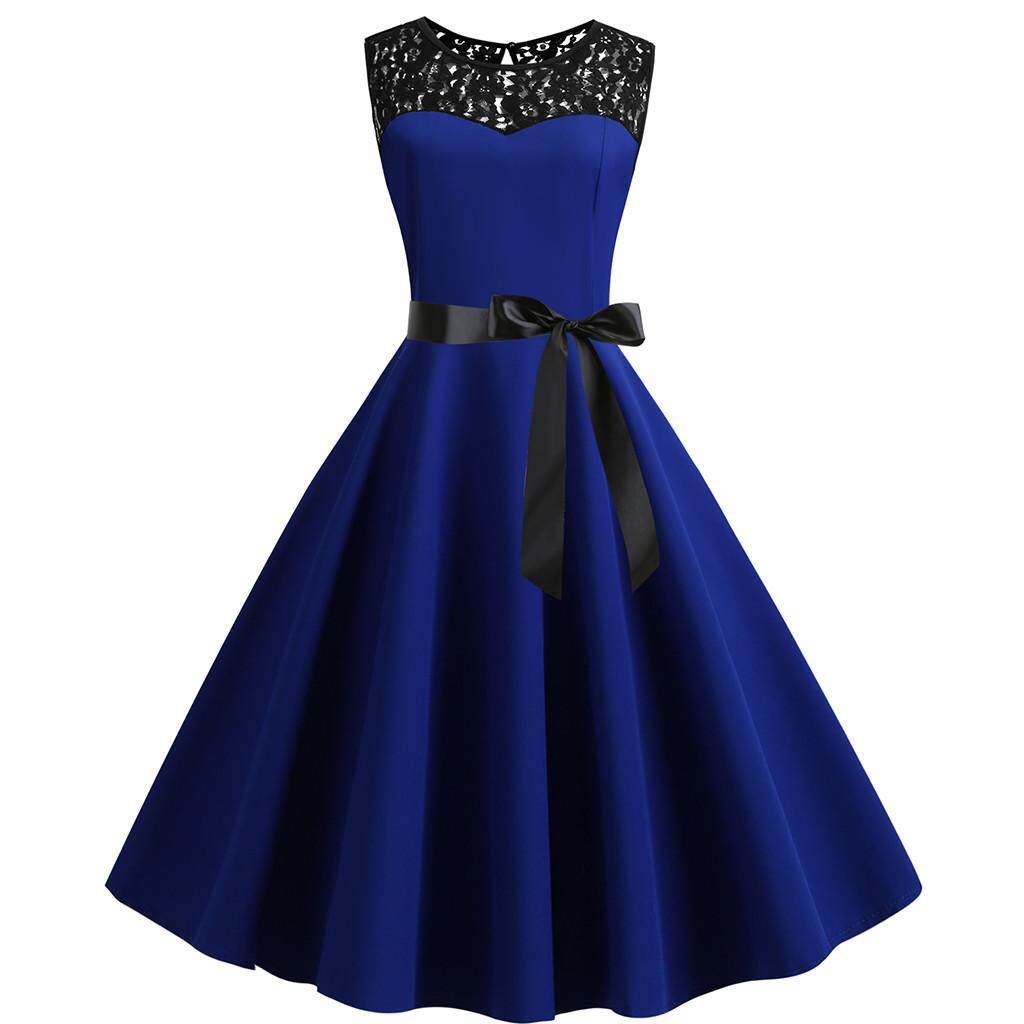 sophiadeals Women Vintage 1950s Retro Sleeveless Lace Splice Solid Party Prom Swing Dress